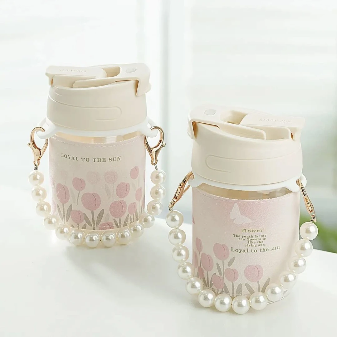 郁金香杯子高颜值玻璃水杯夏季女生吸管杯可爱双饮杯子ins风便携