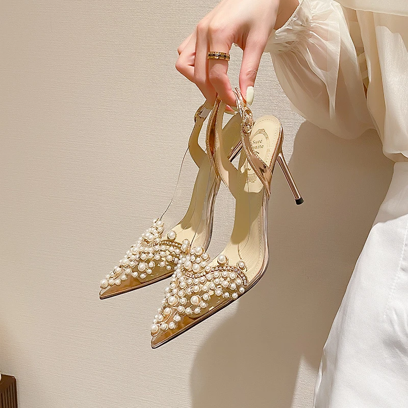 安妮特透明高跟凉鞋女夏2022新款珍珠仙女设计感小众气质名媛细跟