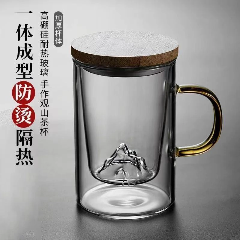 耐热玻璃茶杯茶水分离杯高档办公家用木盖加厚玻璃水杯观山泡茶杯