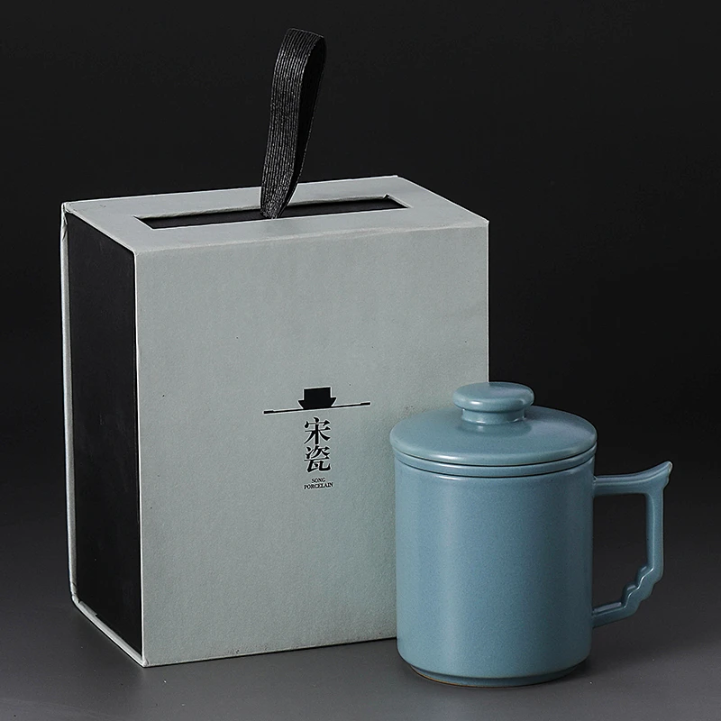 洞藏楼 汝窑天青办公杯带手柄个人杯大容量茶水分离随手泡茶杯