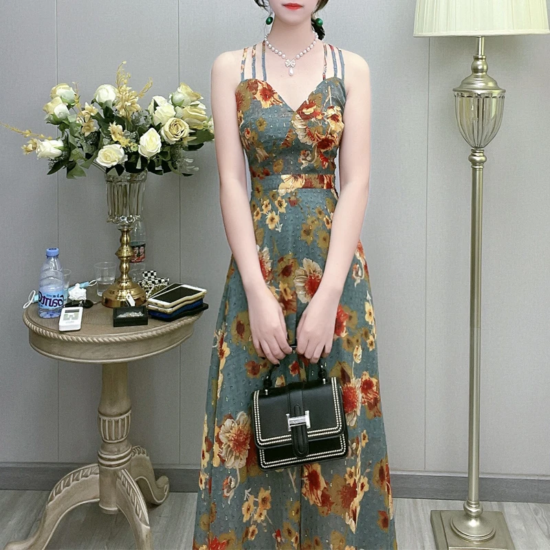 DS2070#春夏2023新款灰蓝色清凉吊带连衣裙碎花气质显瘦长裙子