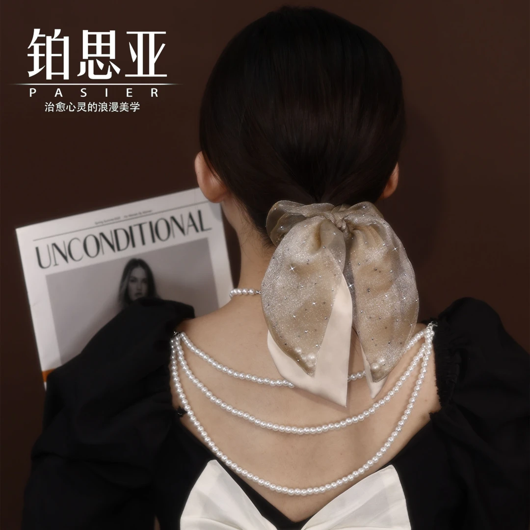 铂思亚闪闪满天星蝴蝶百搭网纱仙女ol商务飘带发圈发绳FS296黑