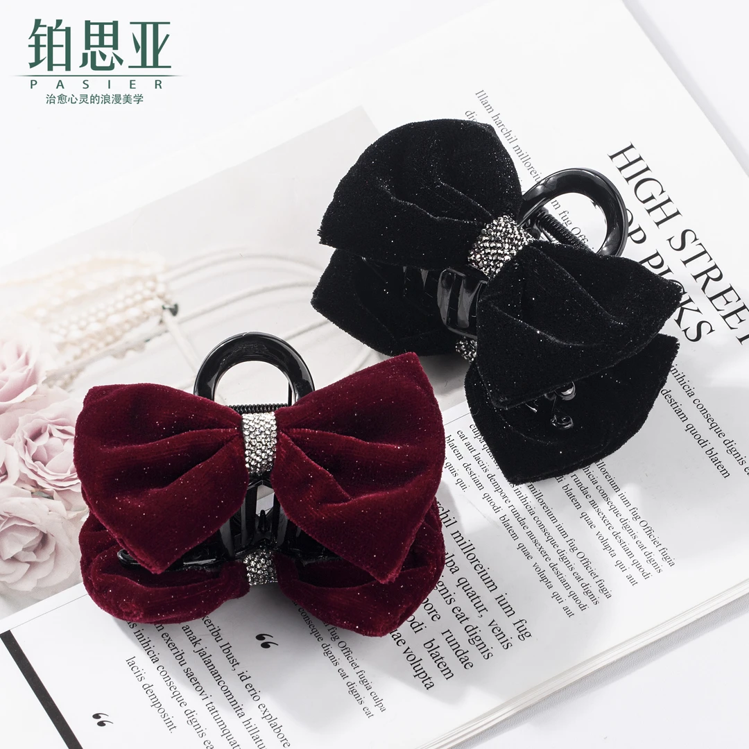 铂思亚 非金属合成锆石发饰 【暖阳】浪漫气质丝绒蝴蝶结抓夹8cm