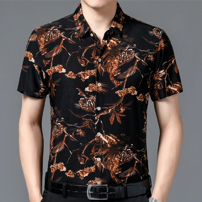 夏季短袖印花衬衫中年男士爸爸装大码宽松休闲半袖衬衣薄款男装