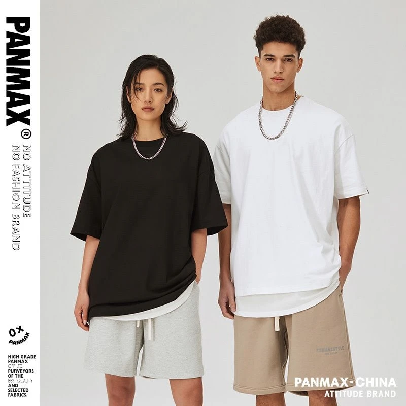 PANMAX/潘·麦克斯宽松潮流白色青春一秒落肩袖短袖重磅200-300斤