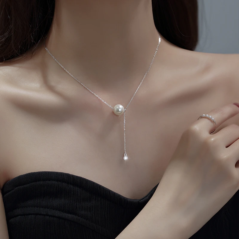 链子925银仿珍珠 925纯银项链女夏季路路通珠珠ins高级复古锁骨链