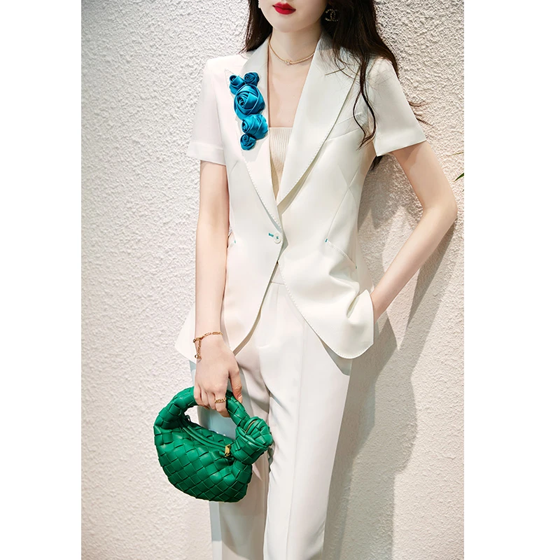 【高端轻奢】白色西装套装女夏薄款时尚休闲短袖御姐女神范西服夏季