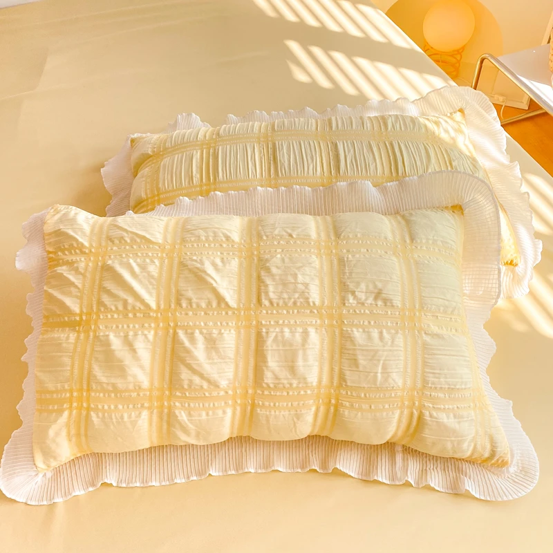 泡泡纱韩版公主风枕套一对装枕头套大号家用双单人用花边枕芯套黄