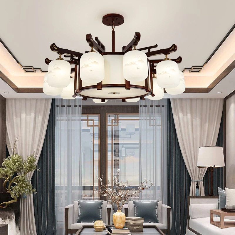 新中式实木吊灯中国风黑胡桃色橡木玻璃罩卧室餐厅简约中式灯183