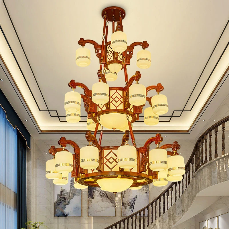 新中式吊灯2022新款客厅灯实木仿古酒店陶瓷别墅复式楼110会所