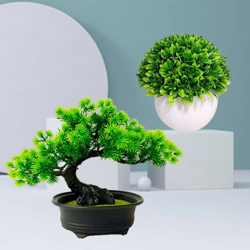 仿真花迎客松家居造景创意小盆栽桌面摆件绿植假花草松树盆景室内