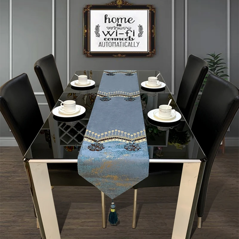 高级灰轻奢餐桌旗布现代简约灰蓝茶几长条布新中式禅意美式桌旗