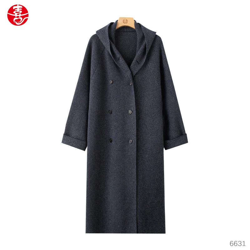 【天工】喜歌羊绒  女士纯山羊绒人字纹带帽大衣 6631