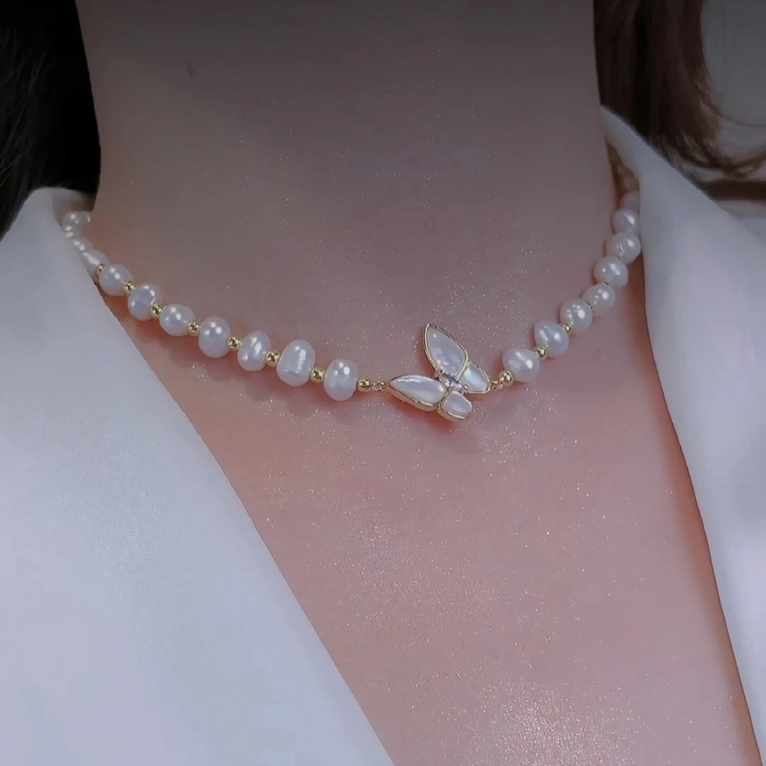 钛钢贝珠项链 【珠珠蝴蝶】锁骨链项链女颈链