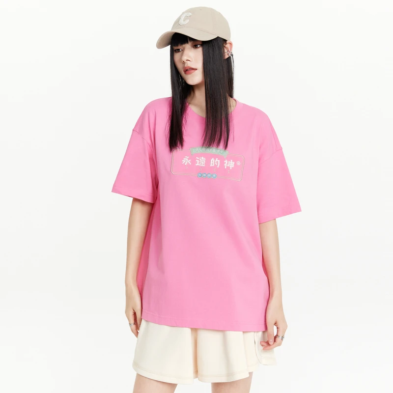 A21女装夏季宽松舒适百搭休闲圆领落肩短袖T恤衫印花F422231086