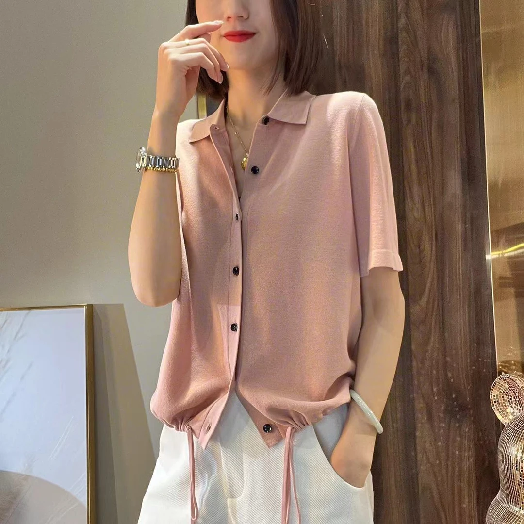 【简约即舒适】气质百搭春夏季通勤翻领短袖针织衫MG7066