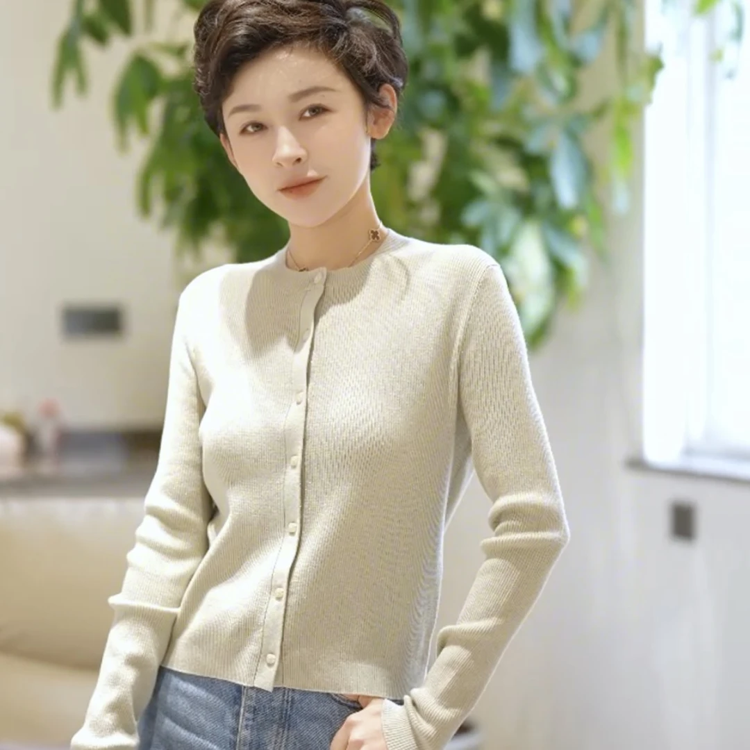 MINGGANG/名港【春恋】亮丝圆领针织开衫 MG8025