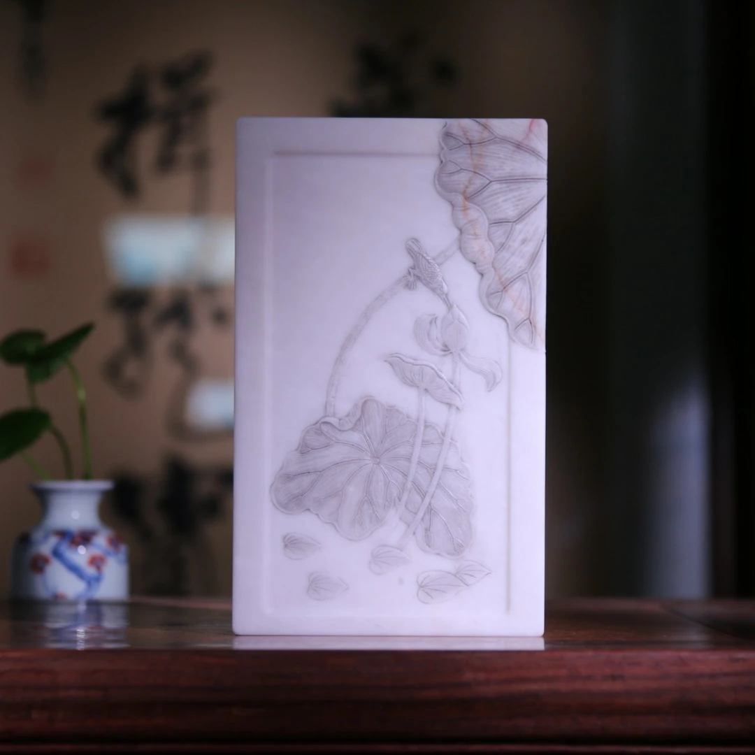 23、孤品白端 《爱莲说》高端禅意文房书法磨朱砂写字 文博端砚