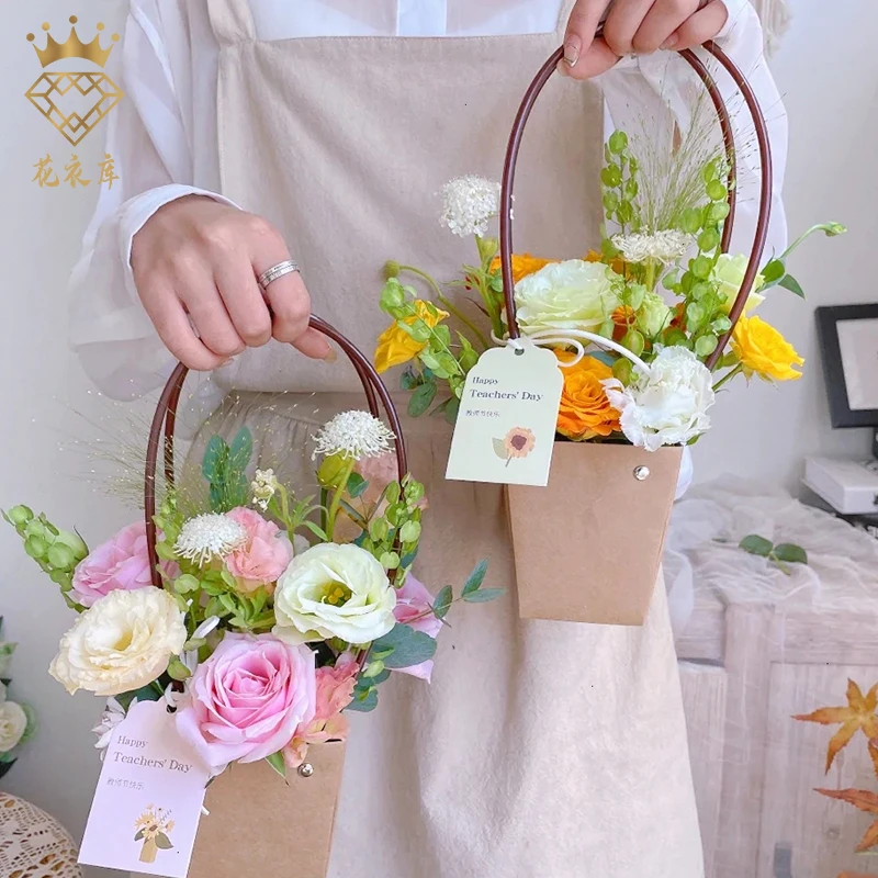 防水手提袋牛皮纸三八母亲节日花店插花束DIY手拎鲜花艺篮礼盒