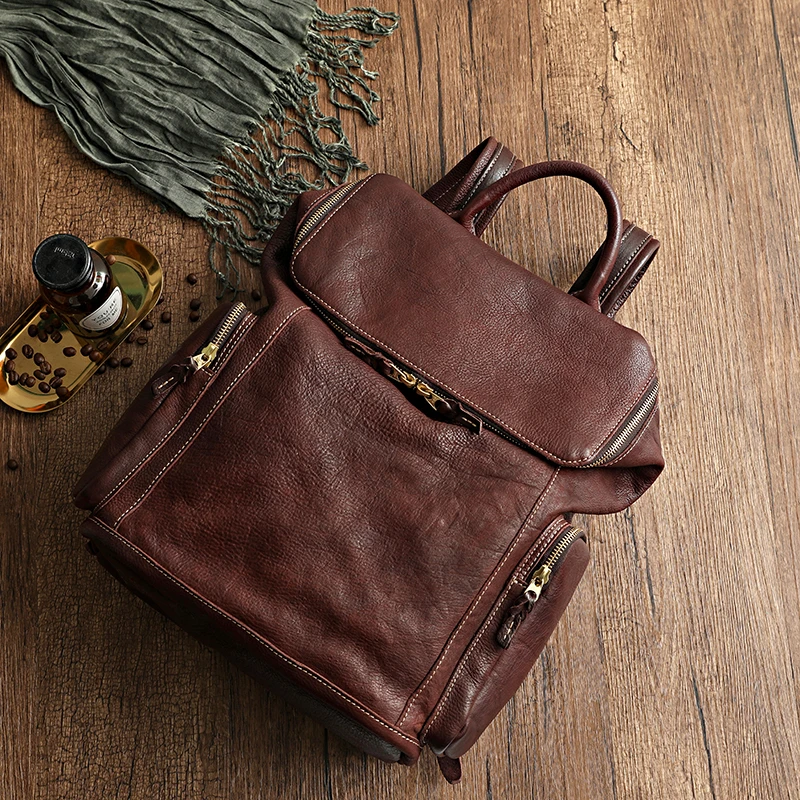 zhuanshan/转山真皮双肩包植鞣皮洗水复古手工旅行背包欧美潮流包