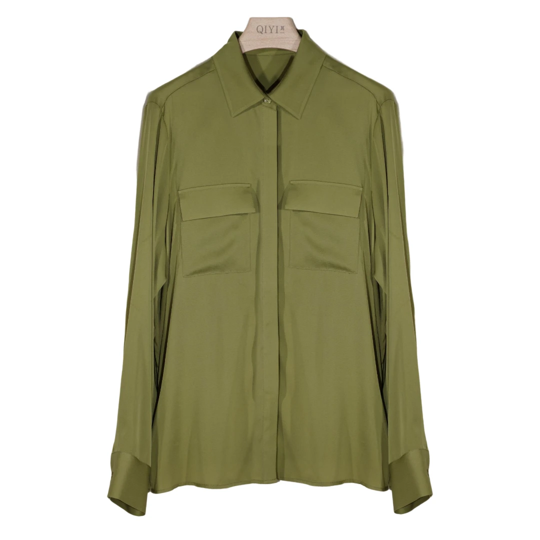 【6621】简约双口袋真丝长袖衬衣设计感小众复古洋气桑蚕丝上衣