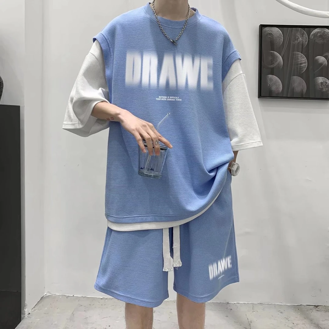 设计感休闲运动套装男宽松潮牌美式短袖t恤男短裤夏季一套衣服男