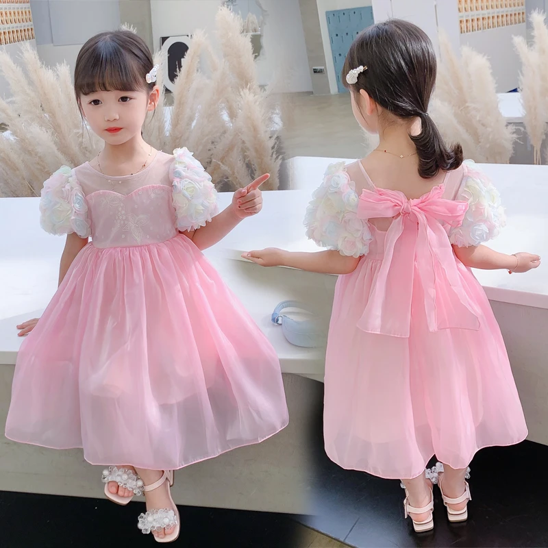 2024夏季新款彩虹泡泡袖裙子女童公主裙蝴蝶结儿童夏装甜美连衣裙