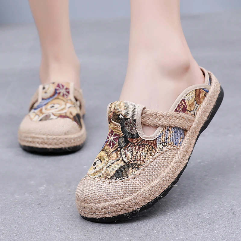 包头半拖鞋女外穿2025新款夏季凉拖老北京亚麻布鞋软底懒人一脚蹬