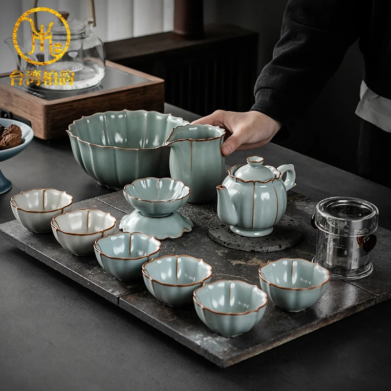 柏韵汝窑功夫茶具套装家用中式陶瓷高端礼盒装汝瓷冰裂釉开片可养