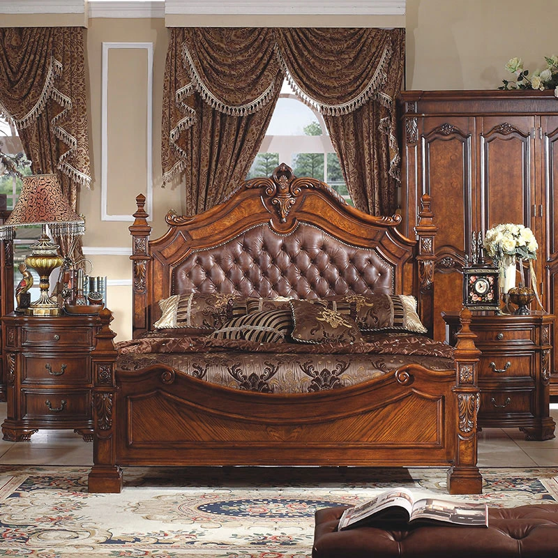 美式复古实木真皮双人床婚床欧式雕花大床别墅奢华成套卧房家具