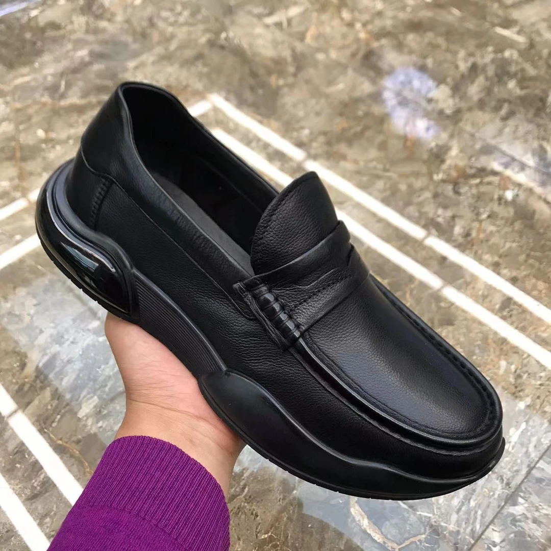 欧洲站商务休闲皮鞋男士新款厚底气垫乐福鞋百搭潮流一脚蹬豆豆鞋