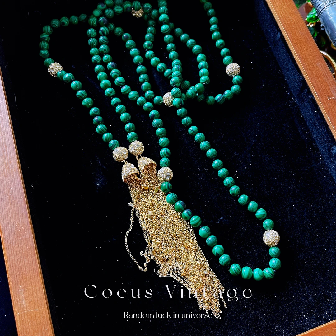 铜合金玻璃项链 Coeus分享 Vintage绿色串珠 流苏吊坠 项链