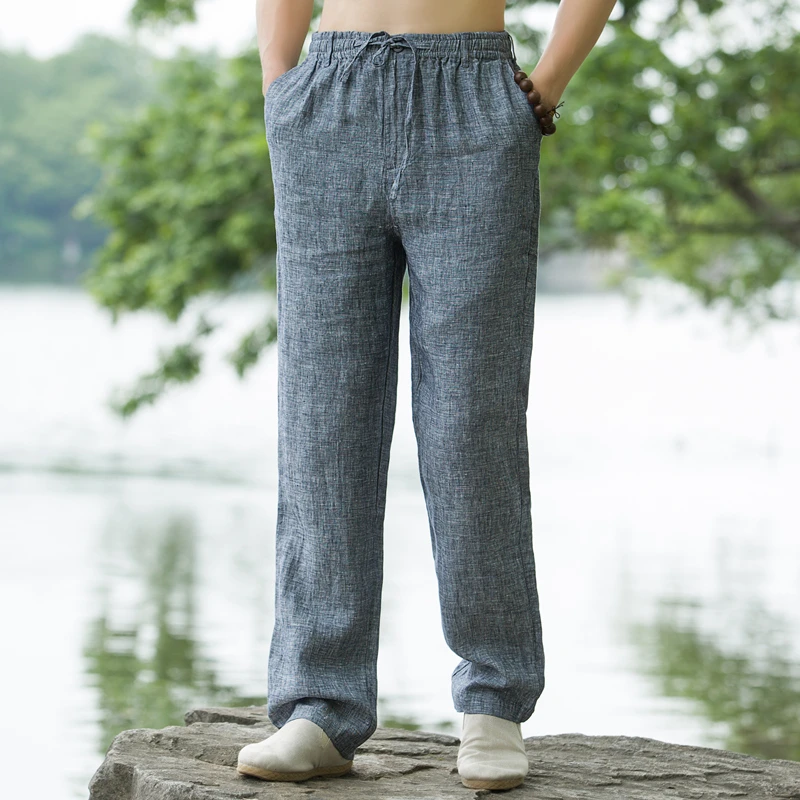 高端纯亚麻男裤宽松直筒休闲裤大码中老年唐装夏季薄款全麻长裤子