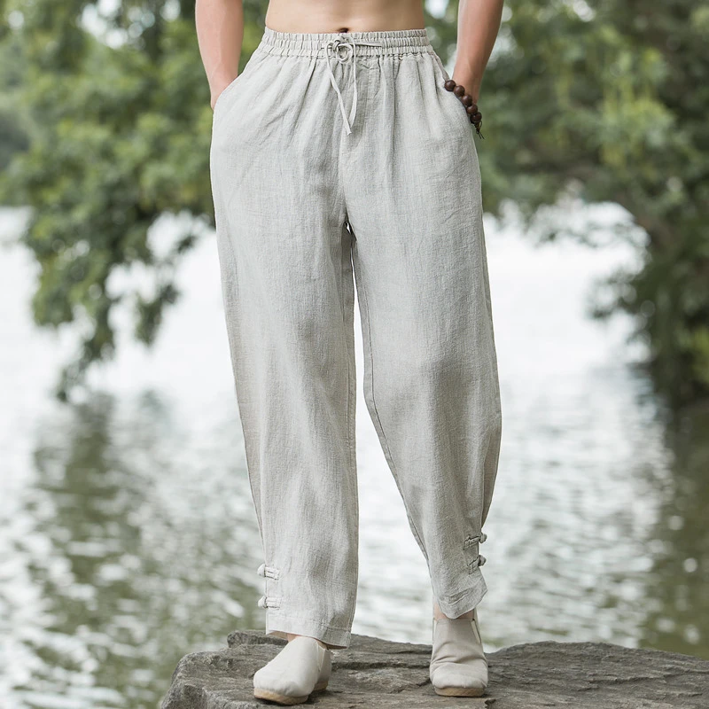 高端纯亚麻男裤子夏季中国风男装薄款九分裤中式阔腿裤宽松哈伦裤