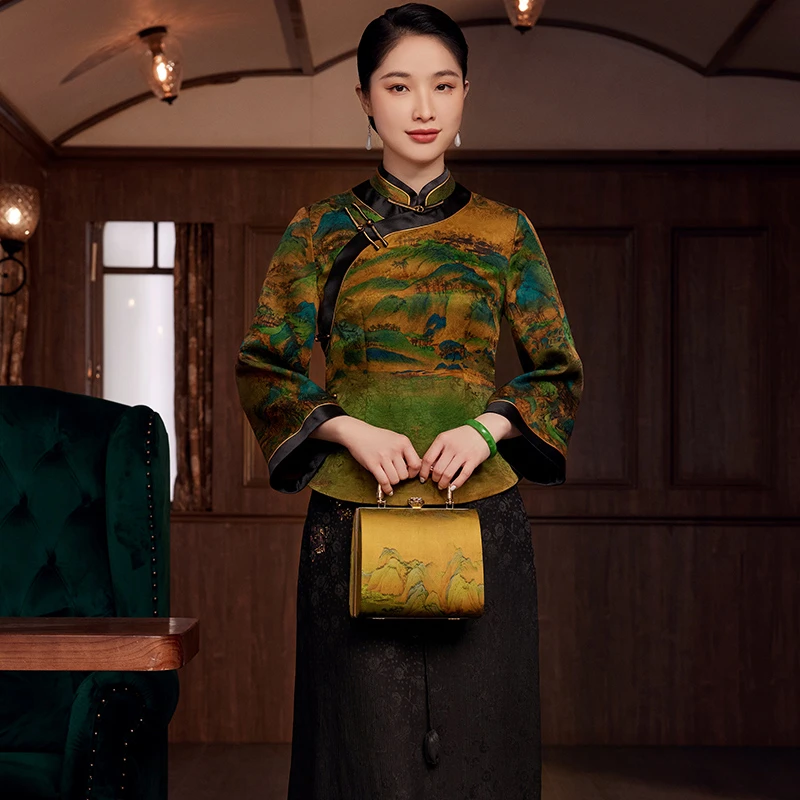 玺玥【千里江山】桑蚕丝花罗香云纱古典中式绿色长袖唐装上衣E22063