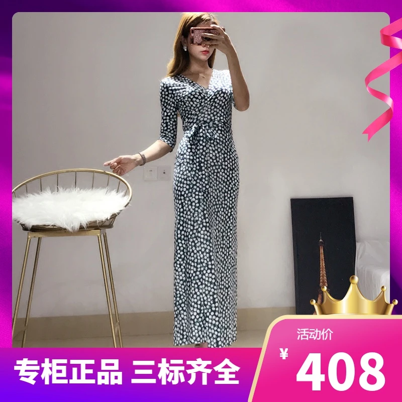 K DVF裹身裙2022夏新款蓝色印花圆点v领无袖海边度假长裙连衣裙