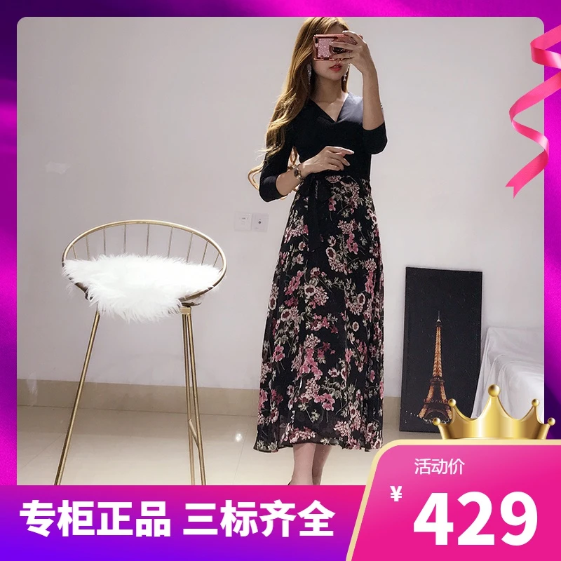 K DVF裹身裙连衣裙2022夏季新款拼接碎花裹身裙修身系带连衣裙