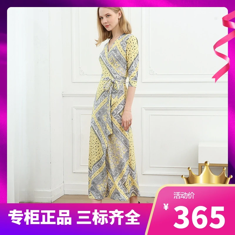 DI DVF连衣裙夏季新款2022韩版气质V领七分袖系带收腰印花长裙连