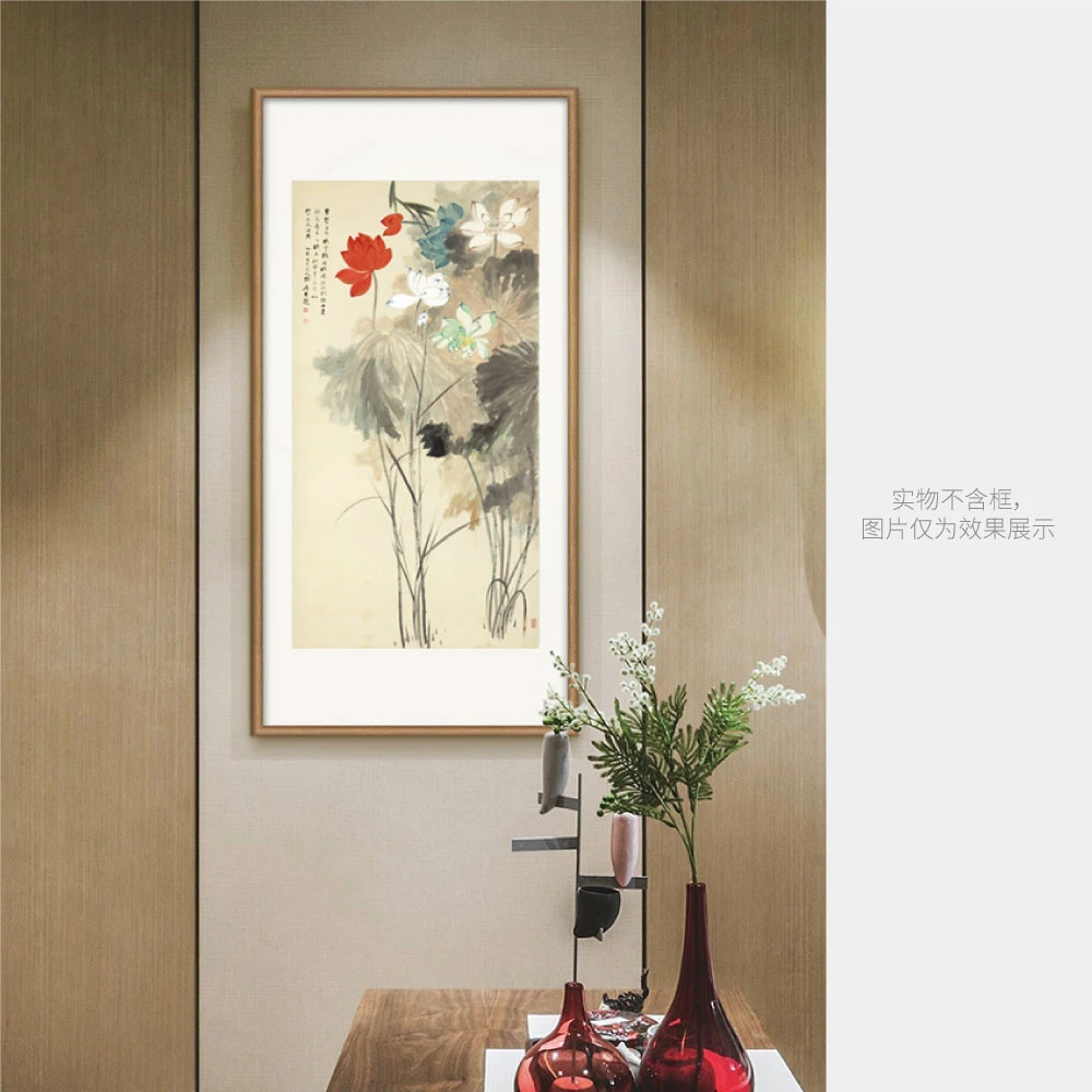 张大千五色荷花中国画竖款方形装饰画中国名画高清微喷复刻临摹