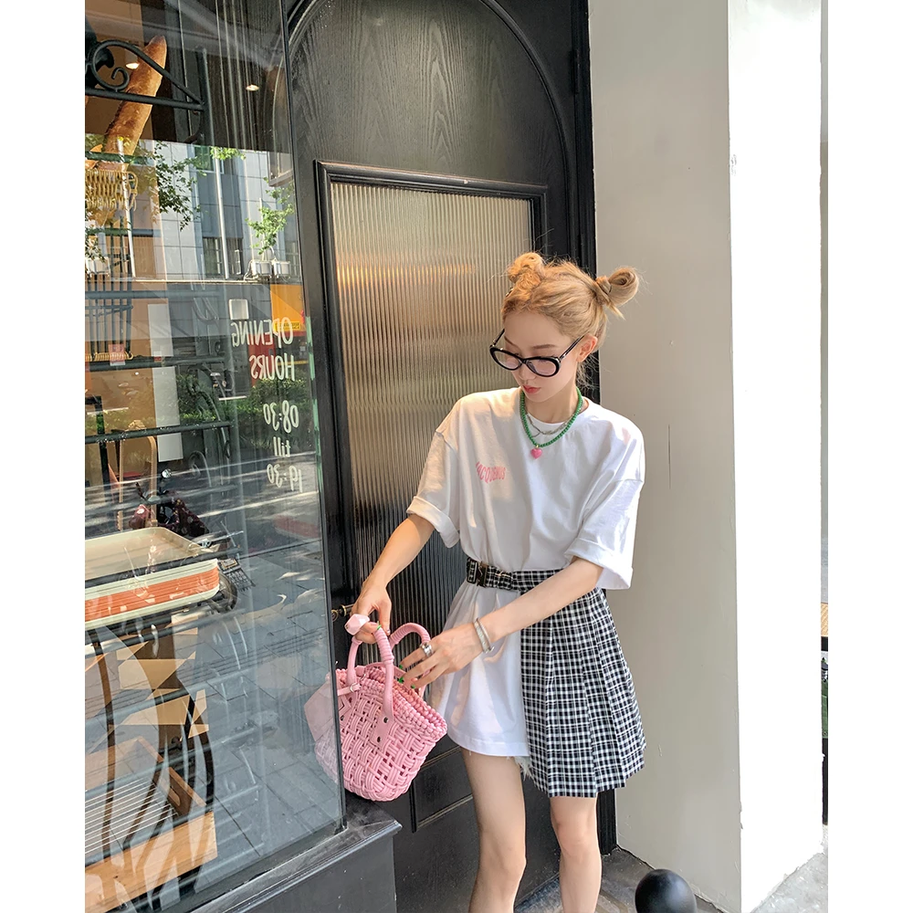 区区欧阳设计感小众新款黑白格纹松紧腰半片压褶配裙腰封半身裙