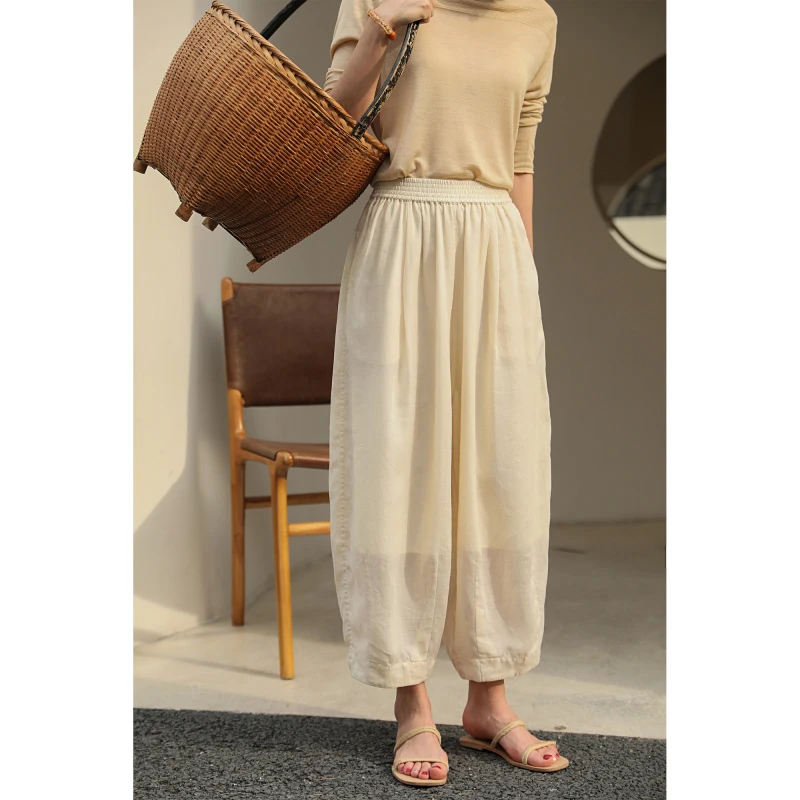 麻霖原创2024春夏新品100支苎麻清凉休闲双层显瘦松紧腰灯笼裤