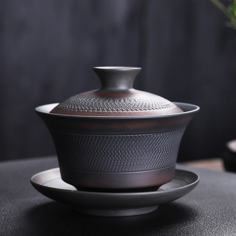 紫陶三才盖碗茶杯大号家用紫砂手工泡茶碗陶瓷功夫茶具