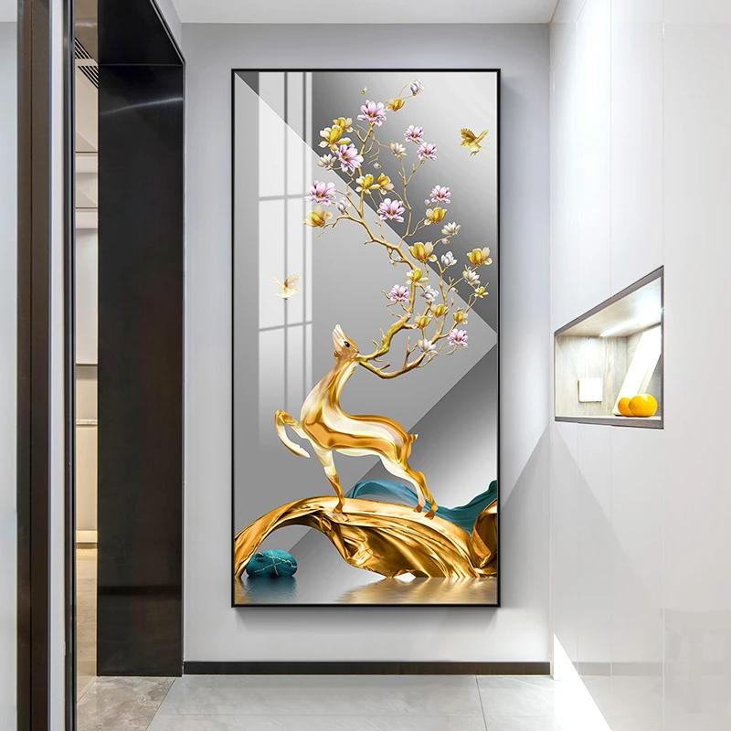鹿现代轻奢玄关装饰画寓意好大气玄幻背景墙走廊挂画竖版过道壁画