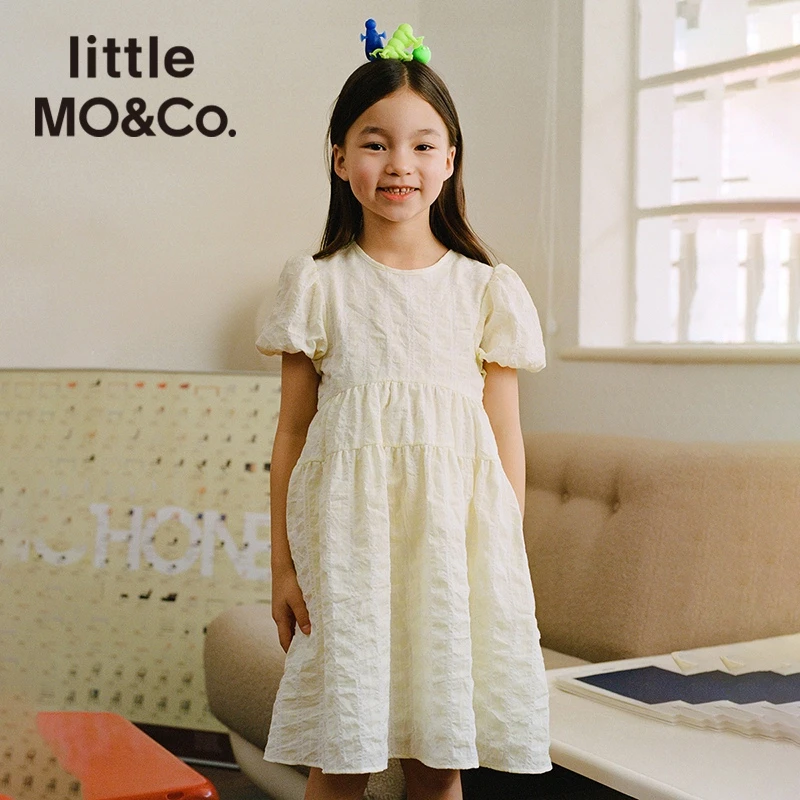 little moco夏季女童中长款甜美泡泡袖连衣裙洋气蕾丝#KBB2DRS014