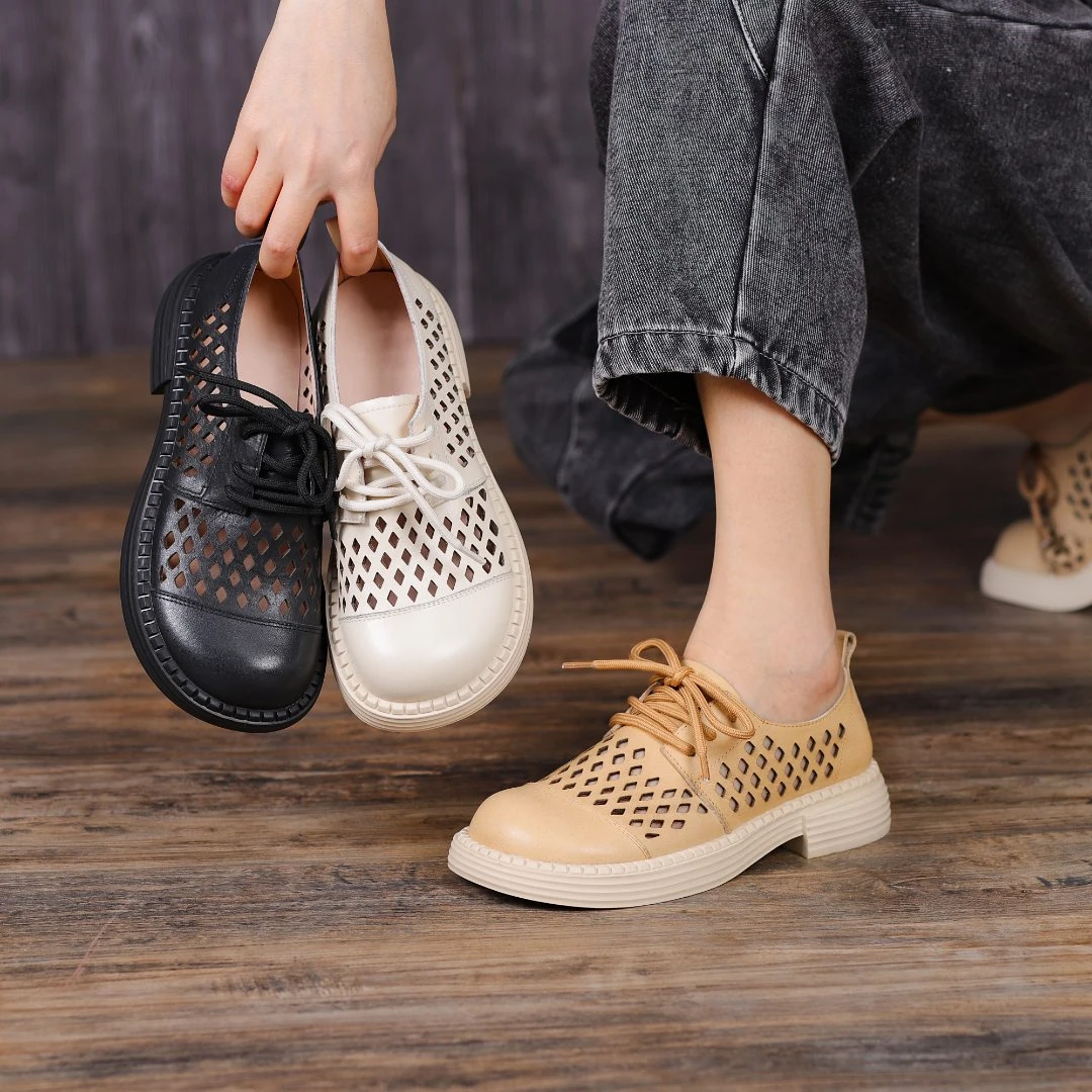 头层牛皮厚底镂空凉鞋女英伦小皮鞋夏季新款系带休闲鞋坡跟松糕鞋