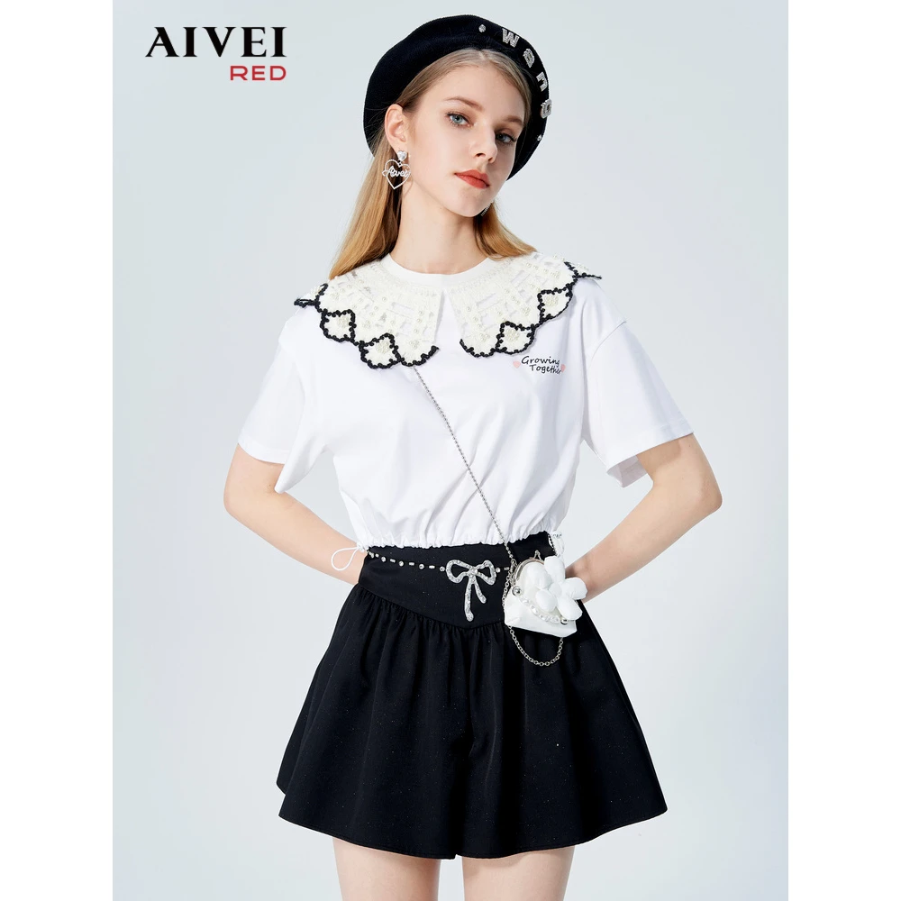【若谷粉丝专属】AIVEI欣贺新花朵钉钻领套头短款收腰T恤P0360005