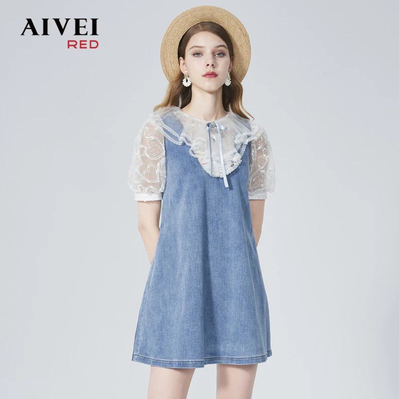 AIVEI艾薇刺绣网纱荷叶边拼接牛仔连衣裙P0160002