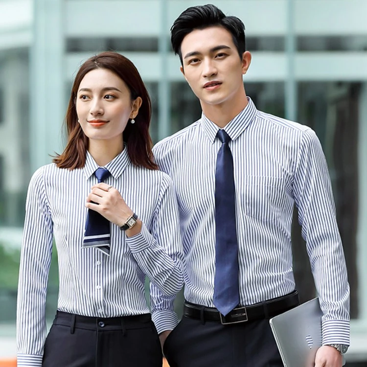 男女同款长袖条纹衬衫修身气质职场工作服学校销售职业装套装9305