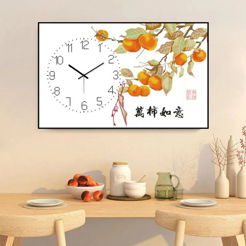 十字绣柿柿如意印花钟表新款自己线绣客厅餐厅挂画简单新手初学者
