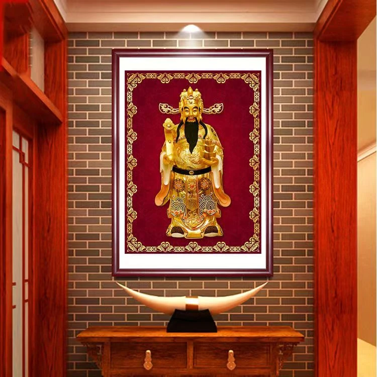 十字绣佛像财神印花新款客厅玄关竖版挂画手工线绣家用大气简单